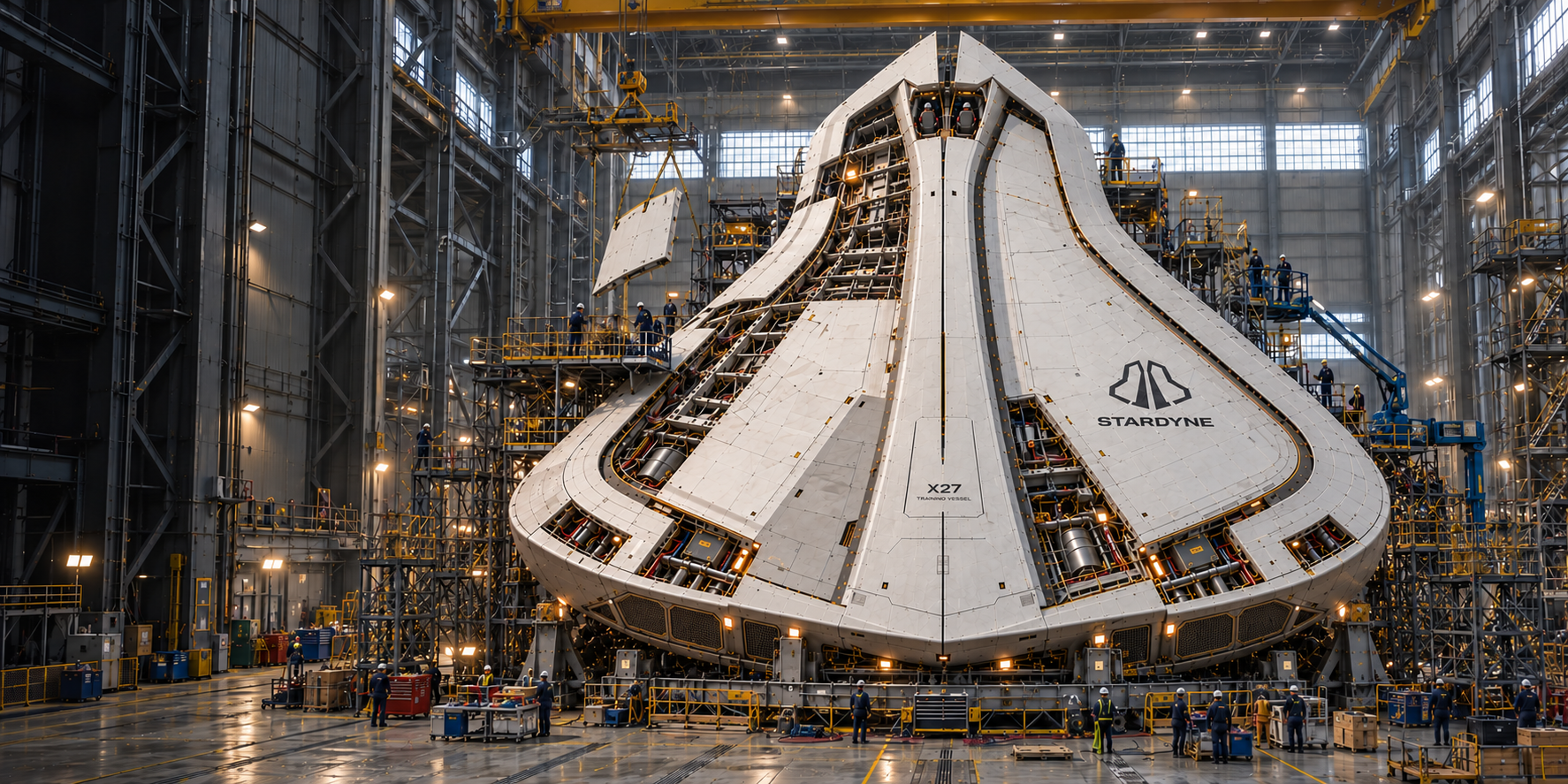 Photorealistic concept illustration of the broad white X27 vessel under construction in a dry dock, supported by cradles amid scaffolding, cranes, and technicians.
